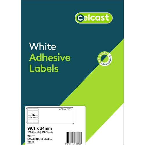 Celcast Labels Laser/inkjet 16up 99.1x34mm WHITE 48016 - 100 Pack