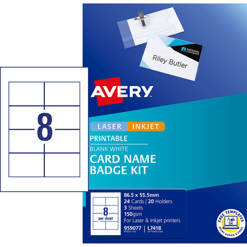 Label L7418 Avery Card Name Badge Holder Kit 24 Cards 20 Holders Per Pack - 959077