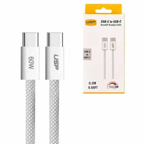 USP 0.2m USB C To USB C Fast Charging Cable High Density Braided - White