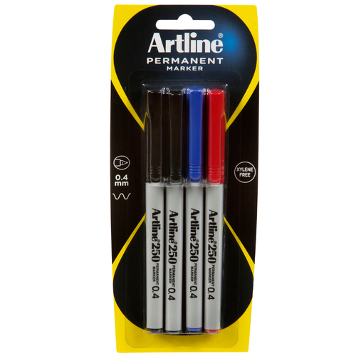 Artline 250 Permanent Markers 0.4mm Assorted Colours Black Blue Red 125074 - 4 Pack