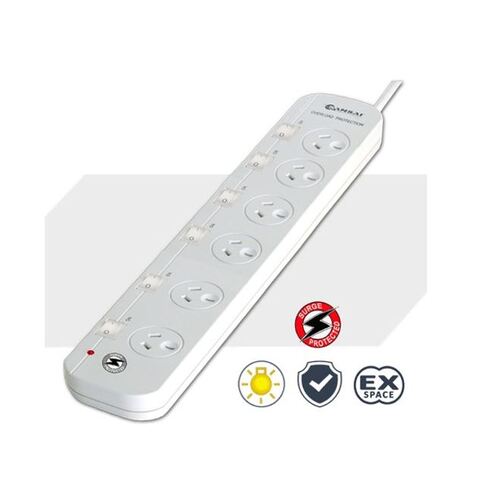 6-Way Power Board with Individual Switches and Surge Protection Overload Protected Reset Button - 1M Lead