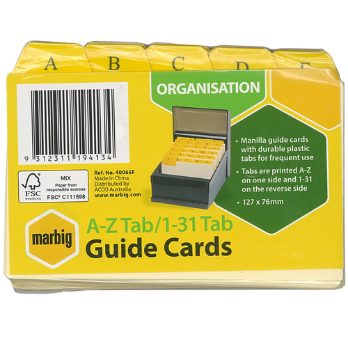 Marbig Manilla System Card Guide Plastic Tabs - A-Z/1-31 127x76mm - 40065F