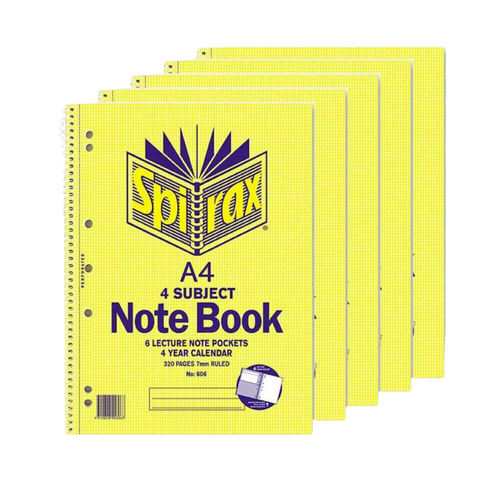 Spirax 606 A4 Spiral 4 Subject Book, Notebook, Notepad Side Opening 320 Pages 56606 - 5 Pack