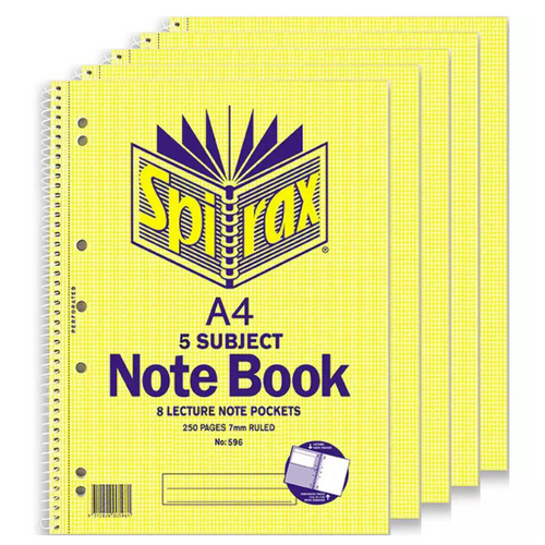 5 X Spirax 596 5-Subject Notebook 7mm Ruled  A4 Side Opening 250 Pages - 43111