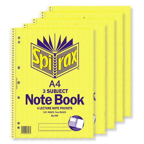 5 X Spirax 599 A4 Spiral 3-Subject Book Notebook 7mm Ruled A4 Side Opening 300 Pages - 56599