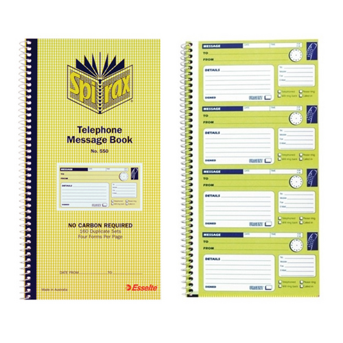 Spirax 550 Telephone Message Book Carbonless Duplicate - 55227