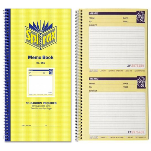 Spirax 551 Spiral Memo Book Side Opening Duplicate Carbonless 279x144mm - 55228