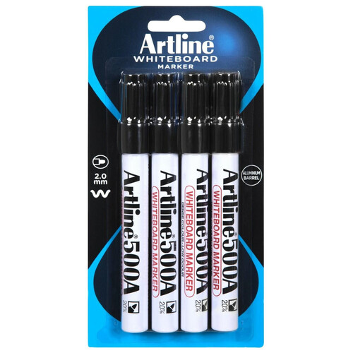 Artline 500A Whiteboard Marker 2mm Bullet Nib Black 4 Pack - 1500714A