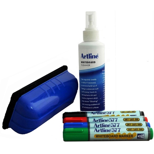 Artline 577 Whiteboard Marker Starter Kit, Includes Eraser and Markers and Cleaner - QTTWS1000