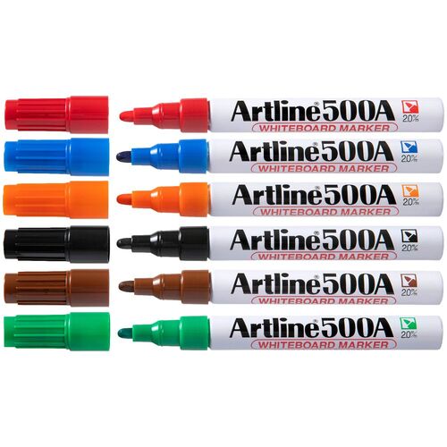 Artline 500A Whiteboard Marker 2mm Bullet Nib Assorted Colours 6 Pack - 150046