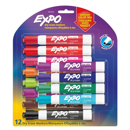 Expo Whiteboard Marker Dry Erase Low Odour Vibrant Assorted Colours - 12 Pack